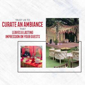 Elegant wedding decoration with floral arrangements and seating.