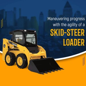 Yellow John Deere Skid-Steer Loader with a city skyline in the background