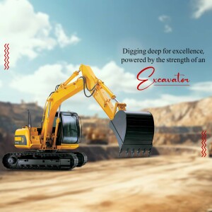 Yellow excavator digging in a quarry with text overlay