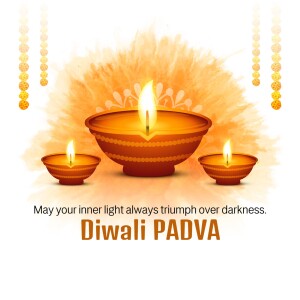 Diwali Padva image with lit oil lamps and festive text
