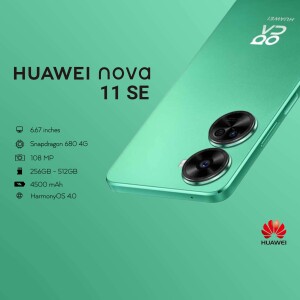 Close-up of a green Huawei Nova 11 SE smartphone showcasing its camera and specifications.