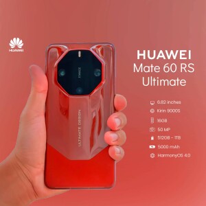 Close-up of a hand holding a red Huawei Mate 60 RS Ultimate smartphone.