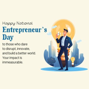 Illustration of a businessman standing inside a lightbulb with a city skyline background, celebrating National Entrepreneur's Day.