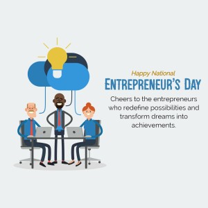 Illustration of a team of entrepreneurs celebrating National Entrepreneur's Day with a lightbulb and clouds.