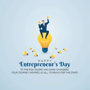 Illustration of a businessman sitting on a lightbulb with smaller lightbulbs around him, celebrating Entrepreneur's Day.