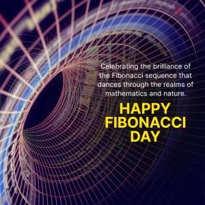 Abstract image celebrating Fibonacci Day with a swirling tunnel and text.