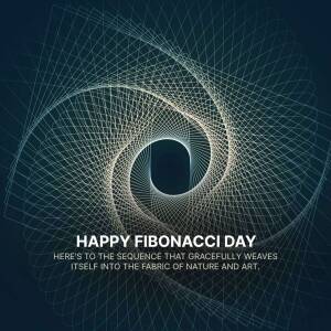 Abstract spiral design celebrating Fibonacci Day with text.