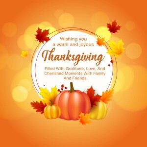 Thanksgiving greeting with pumpkins and autumn leaves