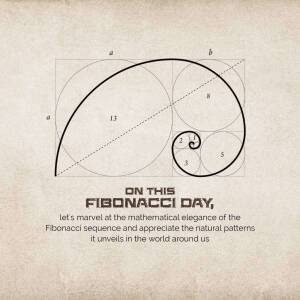Illustration of the Fibonacci sequence and golden spiral with text celebrating Fibonacci Day.