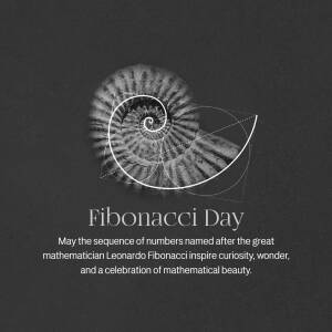 Black and white image of a nautilus shell and golden spiral with text 'Fibonacci Day'