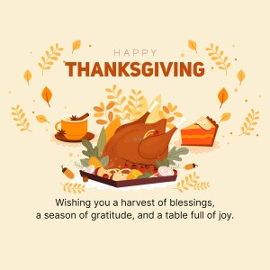 Illustration of a Thanksgiving feast with a roasted turkey, pumpkin pie, and autumn leaves.
