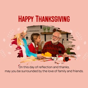 Family celebrating Thanksgiving dinner around a table.