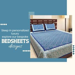 Blue and white patterned bedsheets on a bed with a wooden headboard