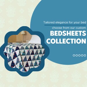 Image of a bed with patterned bedsheets and a promotional text overlay.