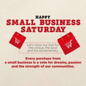 Graphic celebrating Small Business Saturday with shopping bags and text.