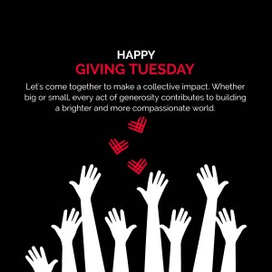 Giving Tuesday graphic with hands reaching up and red hearts