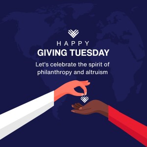 Giving Tuesday illustration with hands exchanging a symbol of support over a world map.