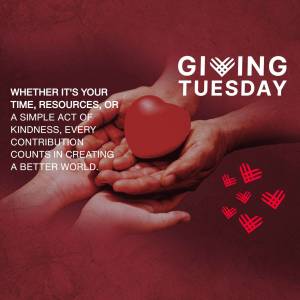 Two hands cupping a red heart with the text 'Giving Tuesday' and a message about contributions.