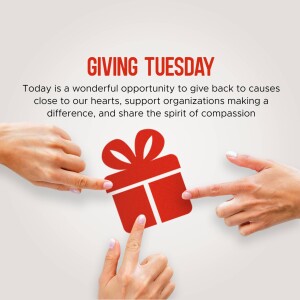 Hands pointing towards a red gift box with a bow, promoting Giving Tuesday.