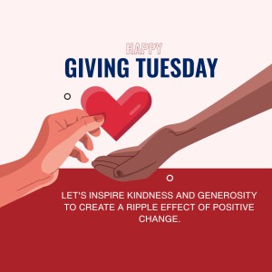 Illustration of two hands reaching for a red heart, promoting Giving Tuesday and kindness.