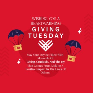 Giving Tuesday graphic with a heart, parachutes carrying gifts, and a message of gratitude.