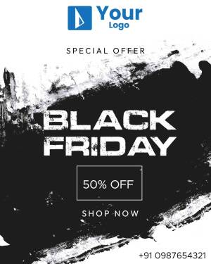 Black Friday sale advertisement with a brush stroke background and 50% off offer.