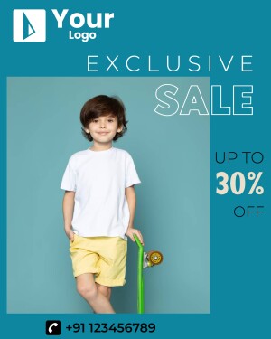 Image of a young boy with a sale promotion for kids clothing