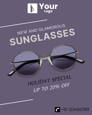 Stylish sunglasses on a purple background with a holiday discount offer.