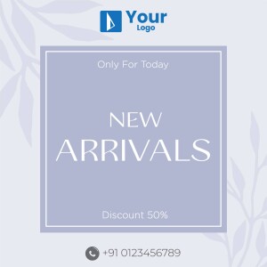 Image promoting a new arrivals sale with a 50% discount.