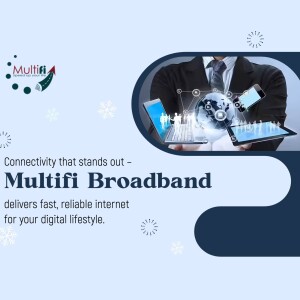 Multifi Broadband advertisement showcasing global connectivity and digital devices.