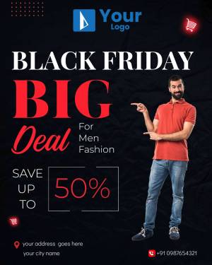 Black Friday sale poster featuring a man pointing at a deal for men's fashion with a 50% discount.