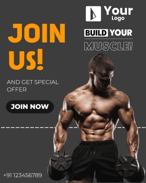 Image of a muscular man lifting dumbbells with a 'Join Us' promotion.