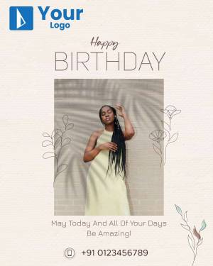 Birthday greeting card featuring a woman and floral elements.