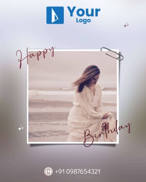 A birthday card featuring a woman on a beach with the text 'Happy Birthday'