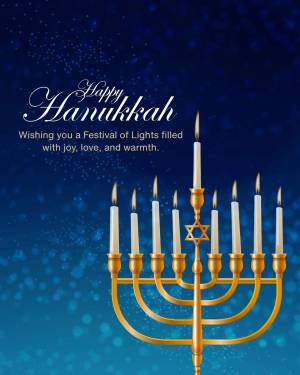 Hanukkah menorah with lit candles and sparkling background