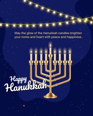 Image of a golden menorah with lit candles against a dark blue starry background with Hanukkah greeting.