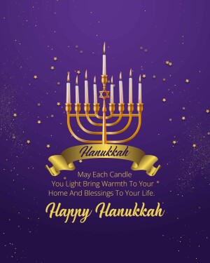 Golden menorah with lit candles and Hanukkah greeting