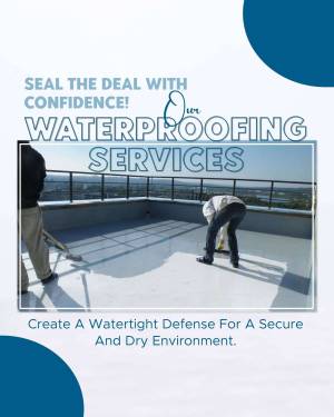 Workers applying waterproofing to a rooftop with text overlay promoting waterproofing services.