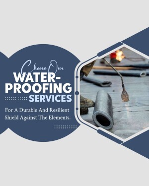 Advertisement for professional waterproofing services with a worker applying sealant to a roof.