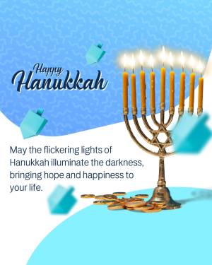 Hanukkah menorah with dreidels and gold coins