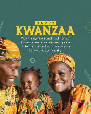 Family celebrating Kwanzaa with traditional clothing and decorations