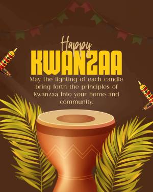 Kwanzaa greeting with a drum, candles, and palm leaves