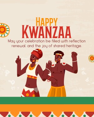 Illustration of a couple celebrating Kwanzaa with traditional attire and decorations.