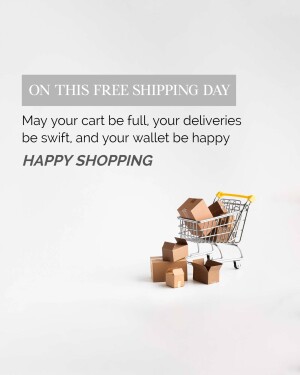 Image promoting free shipping with a shopping cart full of packages.
