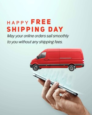 Image promoting free shipping with a red delivery van and a hand holding a smartphone.
