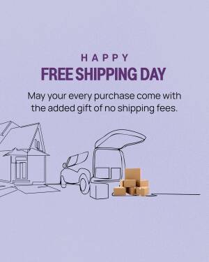 Illustration of a car trunk open with boxes, a house in the background, and text promoting Free Shipping Day.