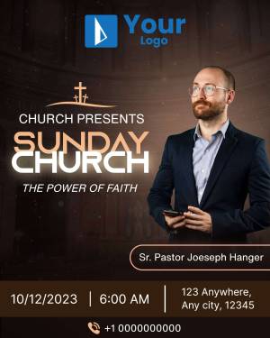 Poster advertising a Sunday church service with a pastor and church interior background.