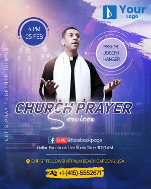 Image of Pastor Joseph Hanger leading a church prayer service, promoting a live event.