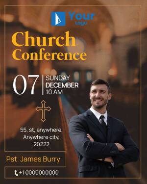 Church conference poster featuring a man in a suit and church architecture.
