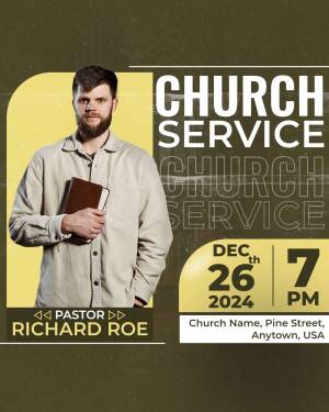Promotional poster for a church service featuring Pastor Richard Roe and event details.